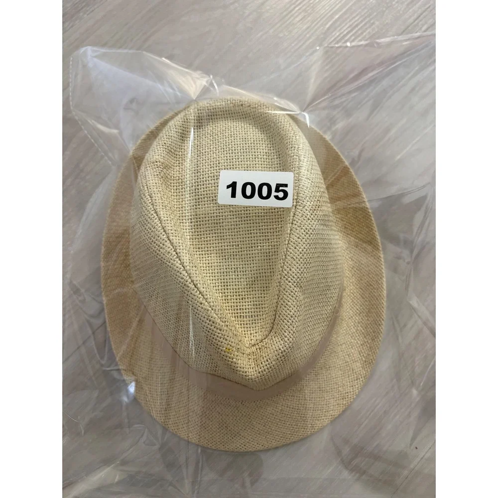 Hat Kids Tan Woven Straw Fedora Summer Sun Hat 100% Linen  Beige